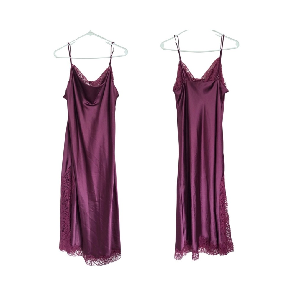 Victoria's Secret Long Satin Lace Trim Slip Dress Maxi XL Burgundy Coquette Bias